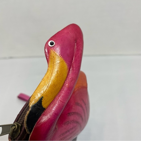 Flamingo Design Leather wristlet Bag. Hand crafted over stitch. Unique. Coins - Picture 7 of 10